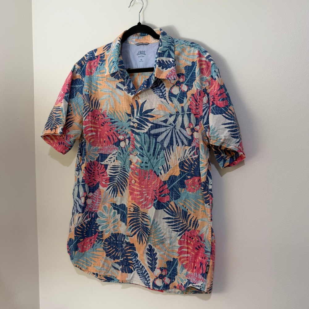 IZOD Saltwater Mens XL Tropical Floral Button Down Shirt Short Sleeve Cotton